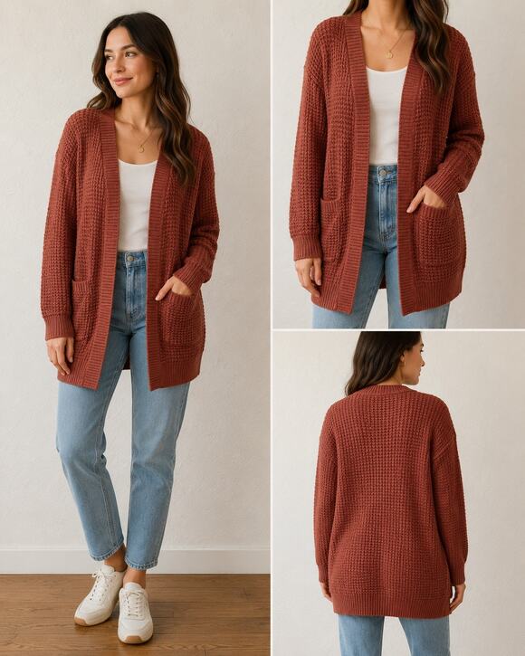 Emma’s Expressions Sweaters - Emma’s Expressions Large Waffle Knit Open-Front Cardigan Sweater Pockets Comfy